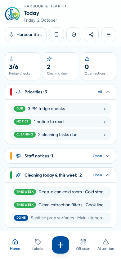 HACCPilot dashboard on a phone showing today's fridge checks